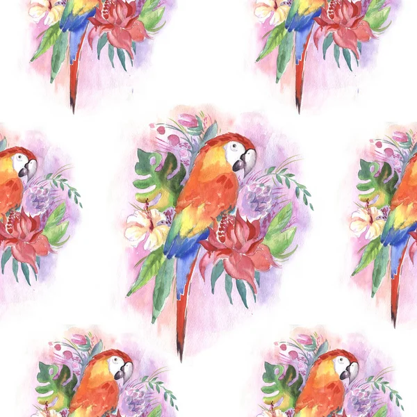 Harlequin Macaw, parrot in tropical leaves and flowers, green parrot sitting on a branch isolated on white background. Realistic watercolor. Illustrated. Template. Clip art. Hand drawn. Hand painted