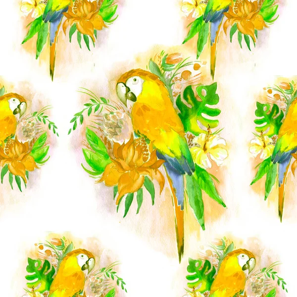 Harlequin Macaw, parrot in tropical leaves and flowers, green parrot sitting on a branch isolated on white background. Realistic watercolor. Illustrated. Template. Clip art. Hand drawn. Hand painted