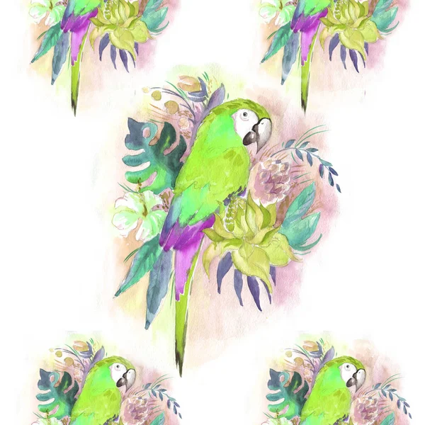 Harlequin Macaw, parrot in tropical leaves and flowers, green parrot sitting on a branch isolated on white background. Realistic watercolor. Illustrated. Template. Clip art. Hand drawn. Hand painted