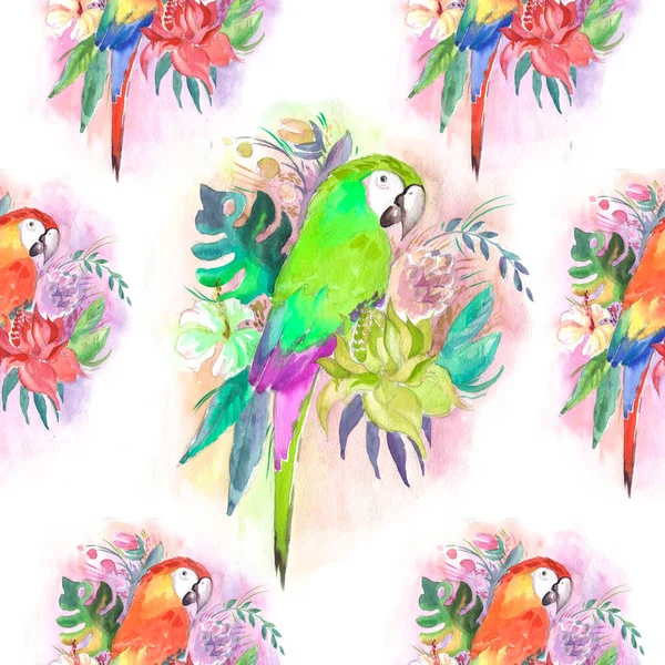 Harlequin Macaw, parrot in tropical leaves and flowers, green parrot sitting on a branch isolated on white background. Realistic watercolor. Illustrated. Template. Clip art. Hand drawn. Hand painted