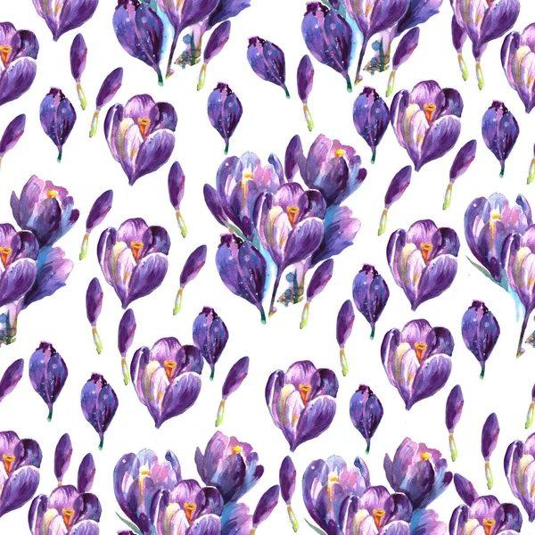 Flowers Crocuses Image Blue Snowdrops Images Spring Watercolor Seamless Pattern — Stok fotoğraf