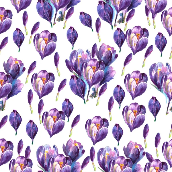 Flowers Crocuses Image Blue Snowdrops Images Spring Watercolor Seamless Pattern —  Fotos de Stock