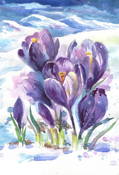 Flowers Crocuses Image Blue Snowdrops Images Spring Watercolor Seamless Pattern — Stockfoto