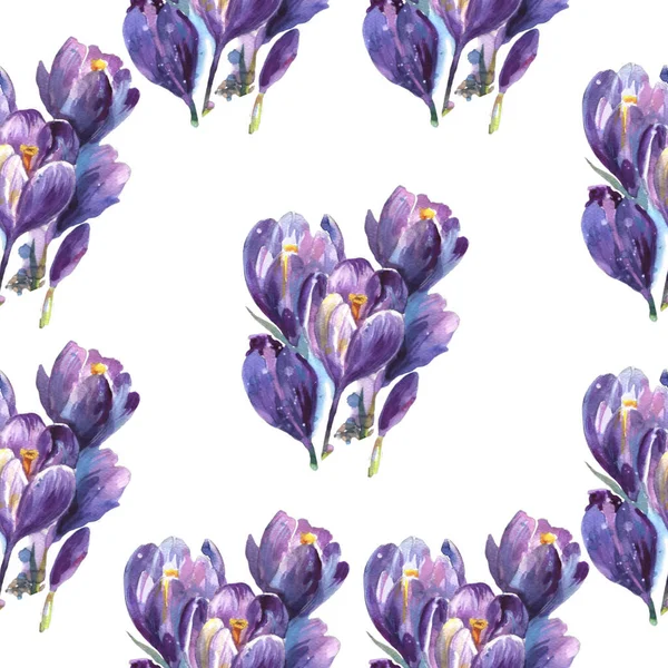 Flowers Crocuses Image Blue Snowdrops Images Spring Watercolor Seamless Pattern —  Fotos de Stock