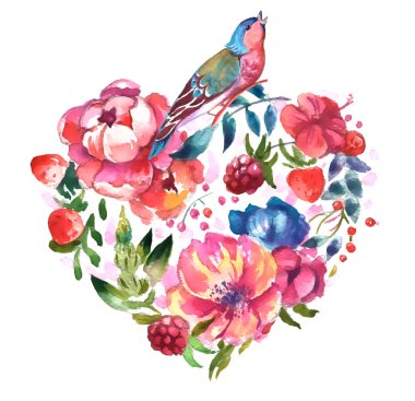 Tropikal yapraklardaki kuşlar ve beyaz arka planda çiçekler. Gerçekçi suluboya. Klip sanatı. Elle çizilmiş. El boyası.