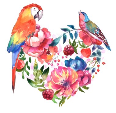 Tropikal yapraklardaki kuşlar ve beyaz arka planda çiçekler. Gerçekçi suluboya. Klip sanatı. Elle çizilmiş. El boyası.