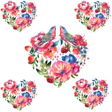 Tropikal yapraklardaki kuşlar ve beyaz arka planda çiçekler. Gerçekçi suluboya. Klip sanatı. Elle çizilmiş. El boyası.