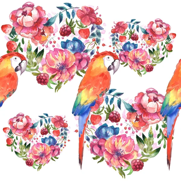 Birds Tropical Leaves Flowers White Background Realistic Watercolor Clip Art — Stockfoto