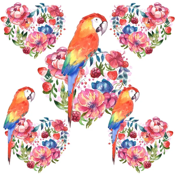 Birds in tropical leaves and flowers on a white background. Realistic watercolor. Clip art. Drawn by hand. Hand painted