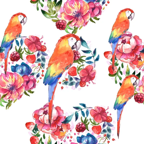 Birds Tropical Leaves Flowers White Background Realistic Watercolor Clip Art — Stockfoto