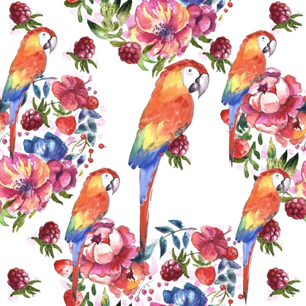 Birds Tropical Leaves Flowers White Background Realistic Watercolor Clip Art — Stockfoto