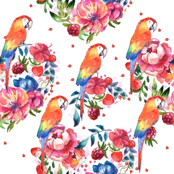 Birds Tropical Leaves Flowers White Background Realistic Watercolor Clip Art — ストック写真