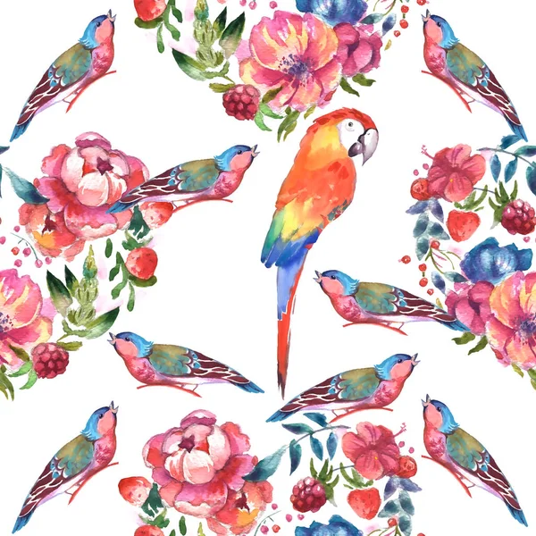 Birds Tropical Leaves Flowers White Background Realistic Watercolor Clip Art — ストック写真