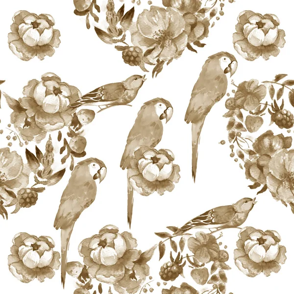 Birds Tropical Leaves Flowers White Background Realistic Watercolor Clip Art — Stockfoto