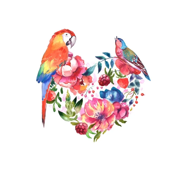 Birds Tropical Leaves Flowers White Background Realistic Watercolor Clip Art — Stok fotoğraf