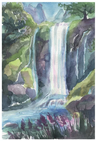 Watercolor illustration. Summer landscape with a waterfall. Can be used for books, illustrations, etc.