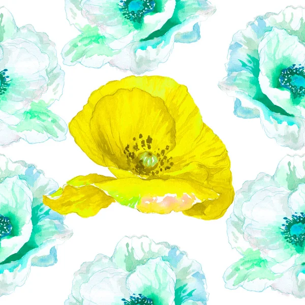 Watercolor seamless pattern. Watercolor poppies, hand drawn floral illustration, wildflowers isolated on white background.