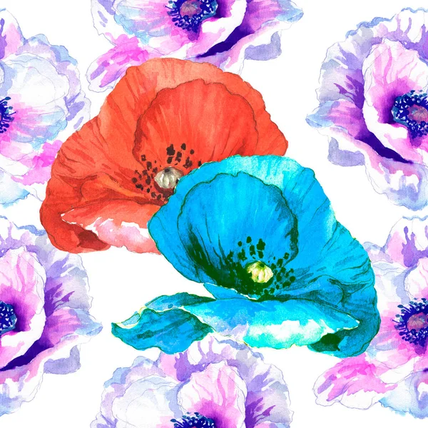 Watercolor Seamless Pattern Watercolor Poppies Hand Drawn Floral Illustration Wildflowers — Stockfoto