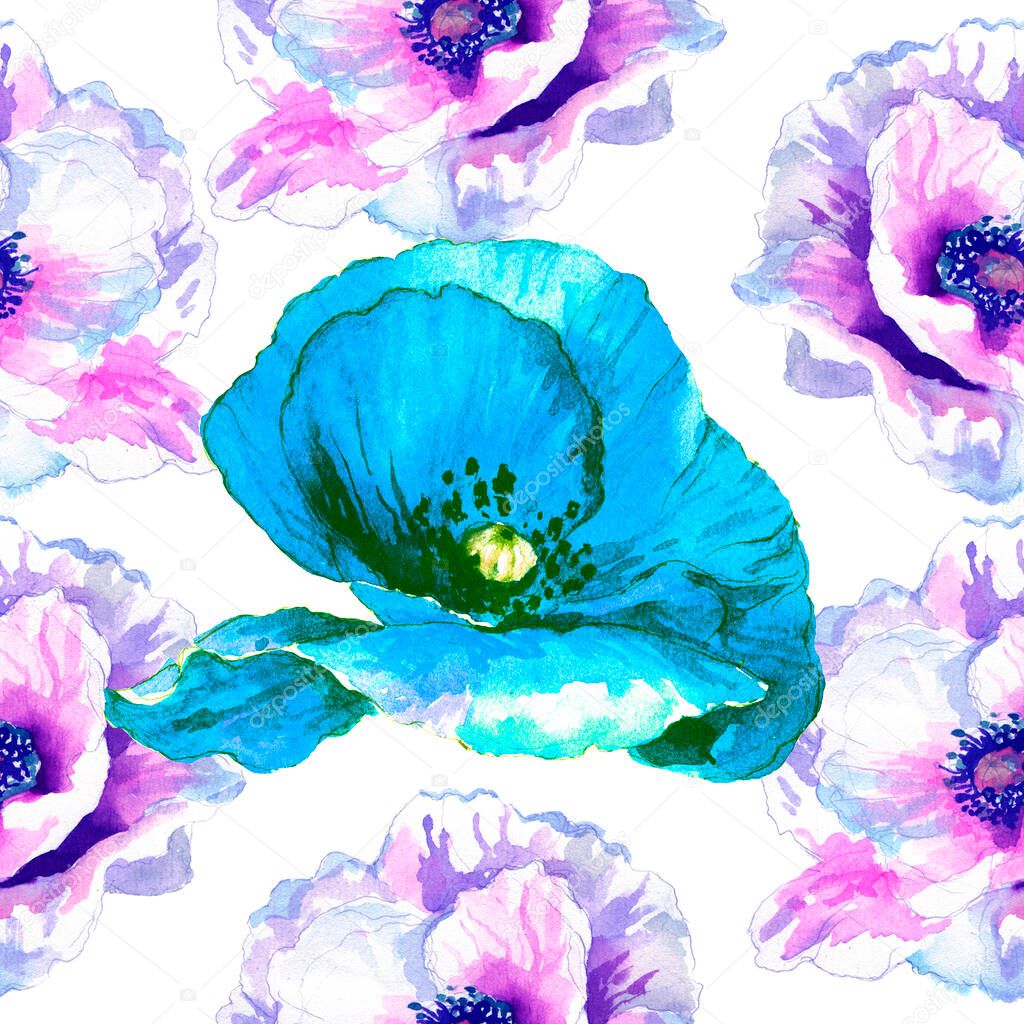 Watercolor seamless pattern. Watercolor poppies, hand drawn floral illustration, wildflowers isolated on white background.