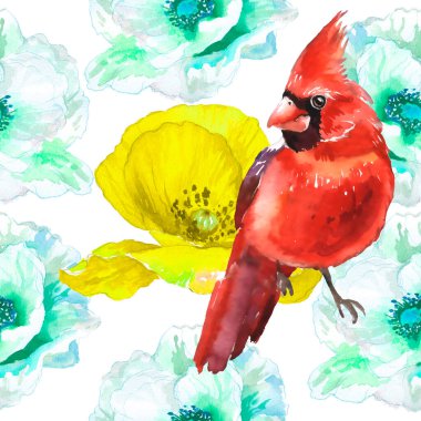 Watercolor poppies and Cardinal birds, hand drawn illustration, wildflowers and red birds isolated on white background. Watercolor Seamless Pattern.