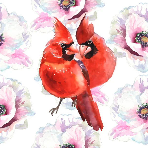 Watercolor poppies and Cardinal birds, hand drawn illustration, wildflowers and red birds isolated on white background. Watercolor Seamless Pattern.