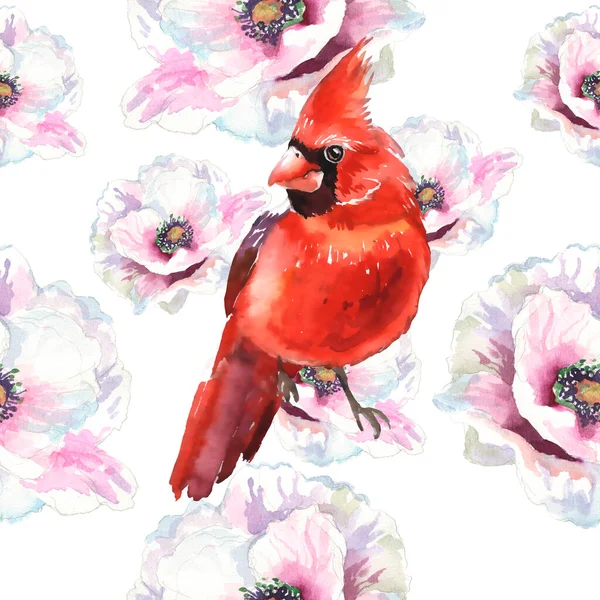 Watercolor Poppies Cardinal Birds Hand Drawn Illustration Wildflowers Red Birds — Stockfoto