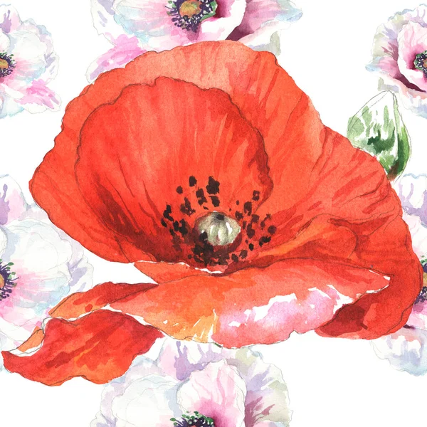 Watercolor seamless pattern. Watercolor poppies, hand drawn floral illustration, wildflowers isolated on white background.