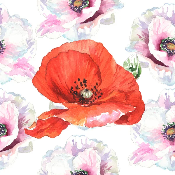 Watercolor seamless pattern. Watercolor poppies, hand drawn floral illustration, wildflowers isolated on white background.