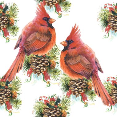 Suluboya çizimi. Kardinal kuşlar - Noel 'in sembolü. Gerçekçi çizim. Tebrik kartı, duvar kağıdı, kumaş, ambalaj kağıdı, pankart için yazdır.