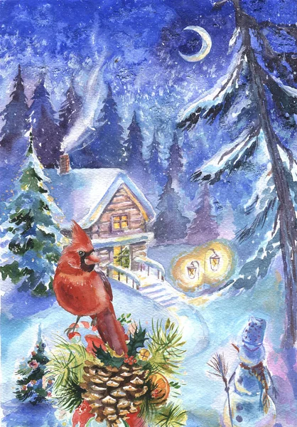 Winter watercolor illustration. House in the forest and birds. Can be used for greeting Christmas card, books, illustrations, etc.