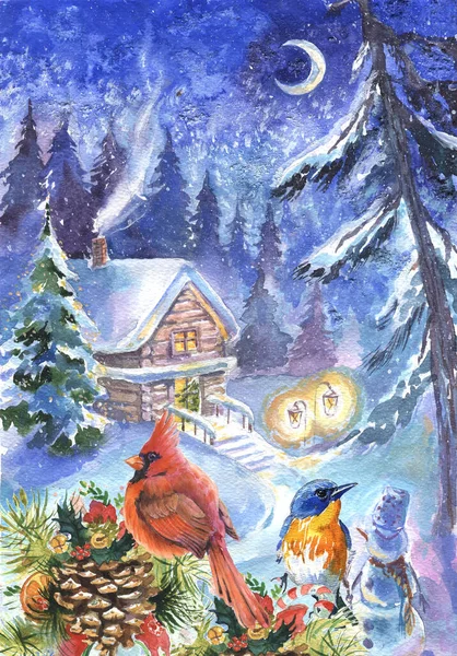 Winter watercolor illustration. House in the forest and birds. Can be used for greeting Christmas card, books, illustrations, etc.