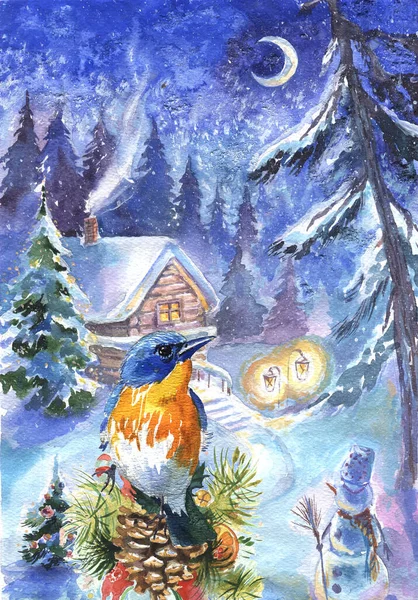 Winter watercolor illustration. House in the forest and birds. Can be used for greeting Christmas card, books, illustrations, etc.