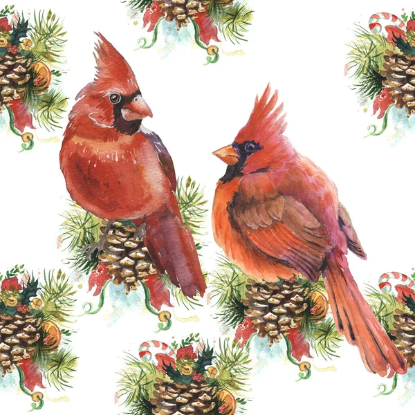 Suluboya çizimi. Kardinal kuşlar - Noel 'in sembolü. Gerçekçi çizim. Tebrik kartı, duvar kağıdı, kumaş, ambalaj kağıdı, pankart için yazdır.