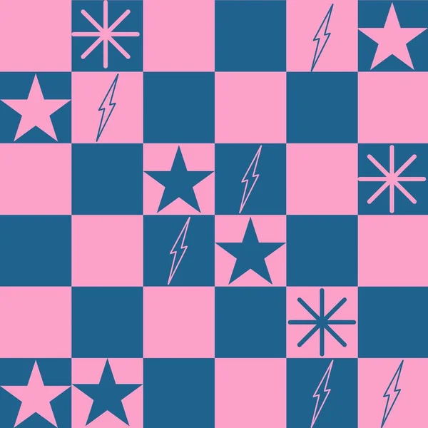 Αφηρημένο Μοτίβο Σκακιέρα Αστέρια Και Lightning Ροζ Και Μπλε Χρώμα — Φωτογραφία Αρχείου