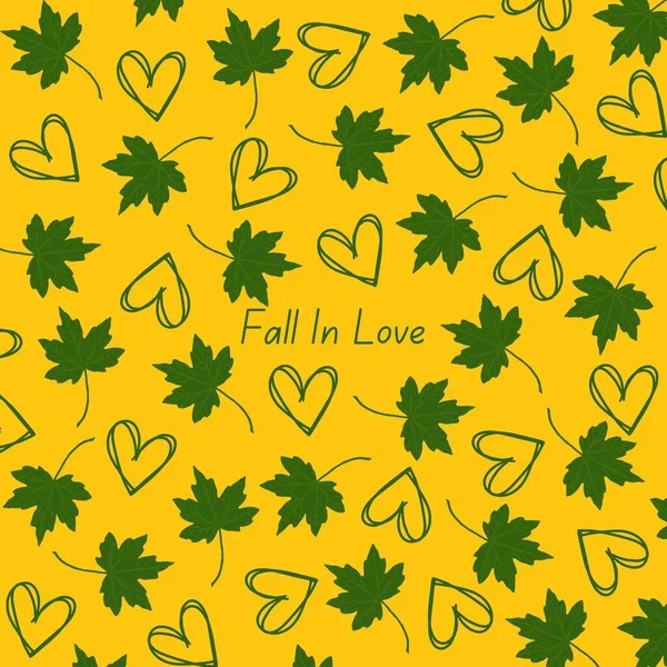 Green Maple Leaves Heart Autumn Pattern With Yellow Background and Fall in Love Quote
