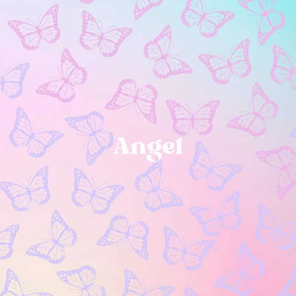 Angel Typography with Butterflies Pattern in Blue Purple Pink Gradient Color