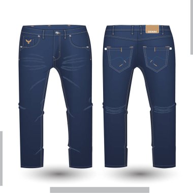 Erkekler Denim Long Pant moda taslak şablonu. Erkek Pantolonu Teknik Moda İllüstrasyonu. Erkeklerin Uzun Pantolonu Ön ve Arka Görünüm Vektörü 
