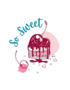 Blue Pink Hand Drawn Cherry Cake in the Shape of Heart, T-Shirt