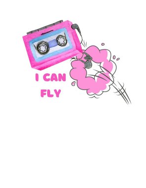 cool positive bright print for a t-shirt in the style of 80s 90s with a music cassette watercolor player jumping on the headphones