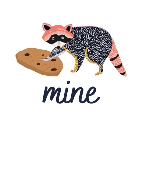 Cute funny t-shirt print with raccoon and chocolate chip cookies