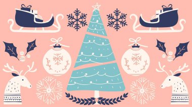 Peach Blue and Teal Illustrated Folksy Christmas Desktop Wallpaper