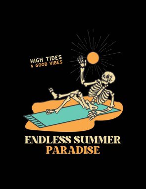 Vintage Illustrated Skull Summer Paradise Holiday T Shirt