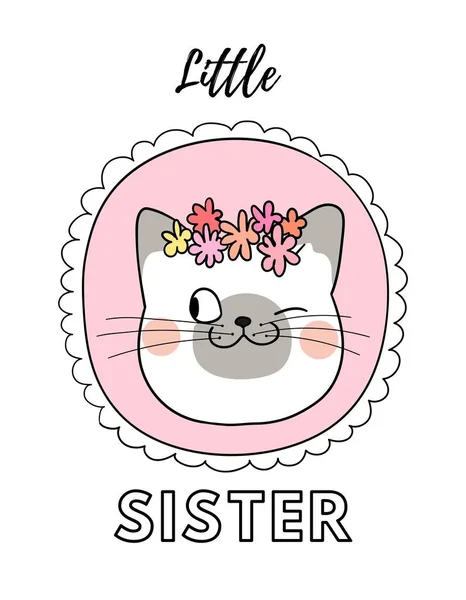 Little Sister Design T-Shirt Cute Pink Cat With Flower.
