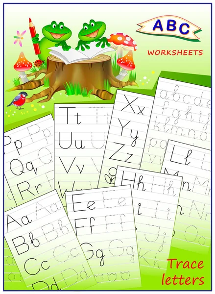 给孩子们的学校作业本盖上练习 学习追踪字母 回学校去Abc儿童教育专页图书 两只可爱的青蛙学习写字的例证 — 图库矢量图片