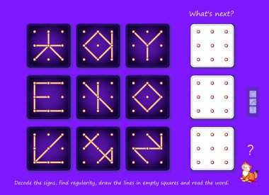 Logic puzzle game for smartest. What's next? Decode the signs, find regularity, draw the lines in empty squares and read the word. Page for brain teaser book. Spatial thinking skills. Play online. clipart