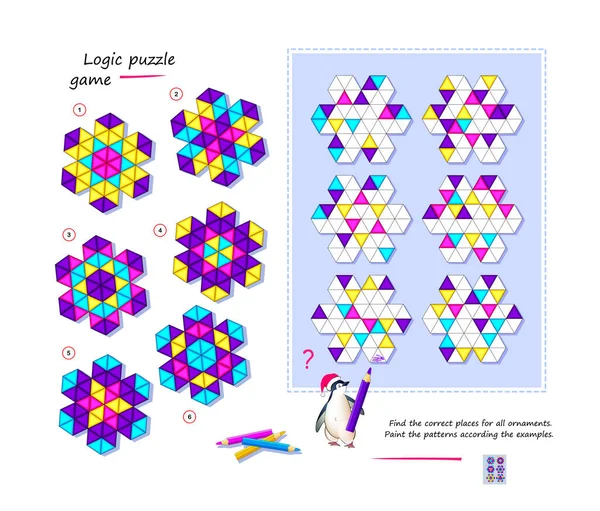 给孩子们玩逻辑拼图游戏找到所有装饰品的正确位置 根据例子画出这些图案 彩色的书 为脑筋急转弯的书页 发展空间思维 在网上玩 — 图库矢量图片