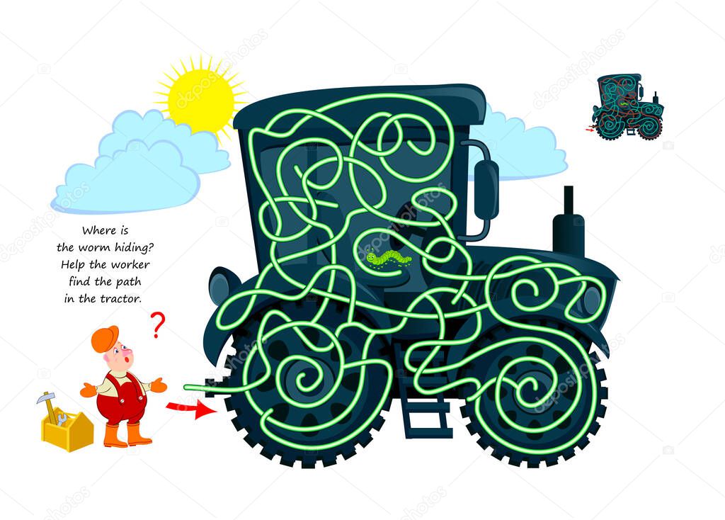 Logic puzzle game with labyrinth for children and adults. Where is the worm hiding? Help the worker find the path in the tractor. Brain teaser book. Play online. Vector illustration. Maze for kids.