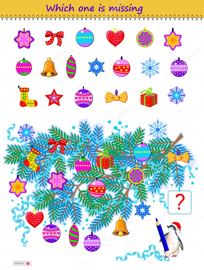 Logic puzzle game for children and adults. Find the toy which is not in the Christmas tree. Which one is missing? Brain teaser book. Play online. Kids activity sheet. Developing counting skills.