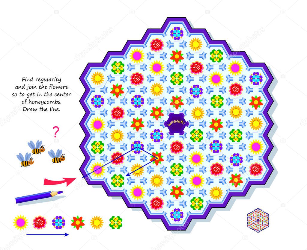 Logic puzzle game with labyrinth for kids. Find regularity and join flowers so to get in the center of honeycombs. Draw the line. Page for brain teaser book. Developing spatial thinking. Play online.