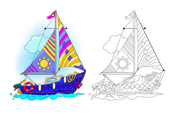 Colorful Black White Template Coloring Cute Toy Sailboat Model Illustration — Stock Vector